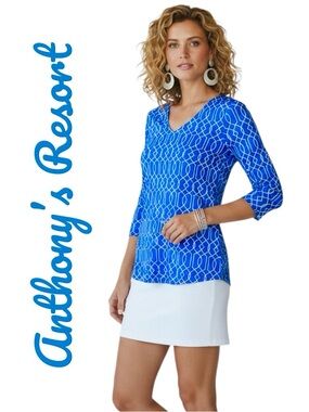 Anthony’s Resort Florida By Lulu-B Top UPF 50+ Blue Geo 3/4 Sleeve Shirt Sz 1X
